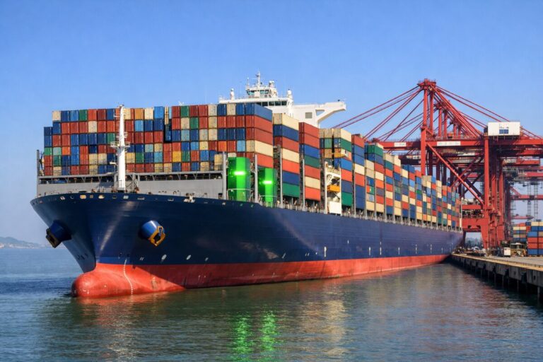 Blue-hulled container ship docked at a port with tall stacks of colorful shipping containers and red gantry cranes in the background, reflecting in the water.