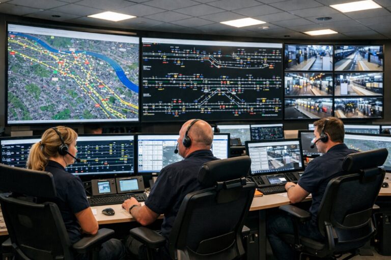 Control room operators wearing headsets monitor a wall of screens showing a city map with routes and transit data for traffic management.