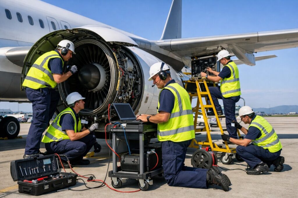 Maintenance crew inspects and tests a jet engine on a parked airliner, with laptops and tools nearby on the tarmac.