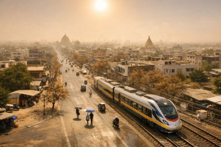 Modern train on elevated tracks beside a busy city avenue at sunset in India.