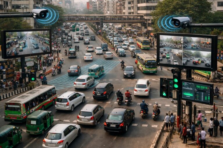 Busy city street with cars, buses, and motorcycles; traffic cameras and multiple monitors displaying live feeds.