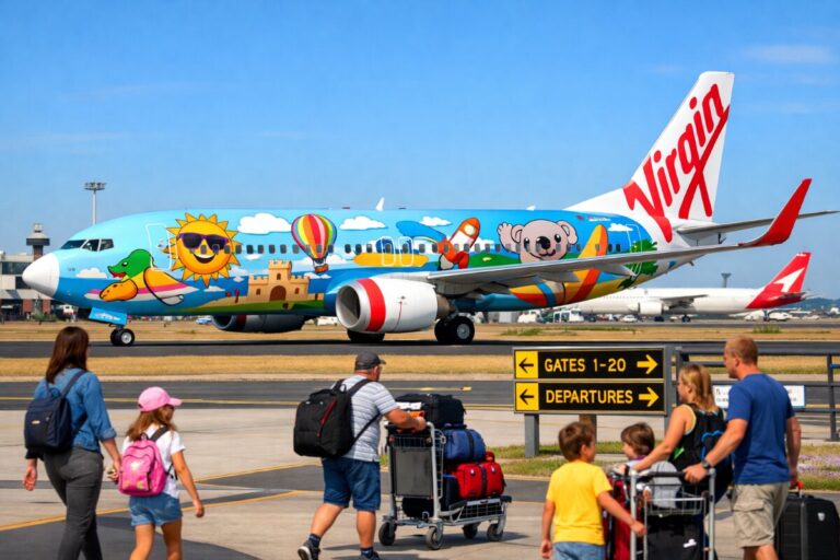 Virgin aircraft with a bright cartoon mural taxiing on the tarmac as passengers with luggage walk toward the terminal.