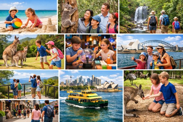 Collage showing families and kids on vacation: beach play, wildlife encounters, science exhibit, city landmarks, and harbor cruise.