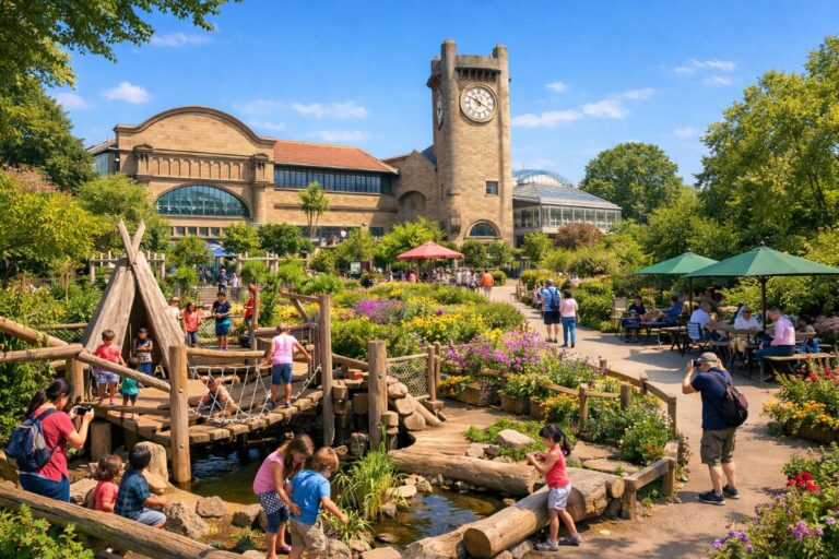 Family and children explore a wooden bridge over a small pond in a sunny botanical garden with a clock-tower building in the background.