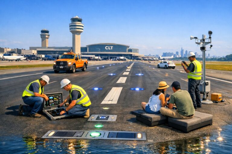 Ground crew in high‑visibility vests and hard hats test runway electrical equipment on a flooded taxiway at CLT, with control tower and terminal in the background.