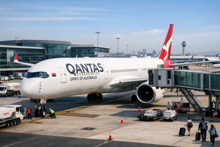 Qantas airplane at a jet bridge at the gate, passengers with luggage approaching the aircraft