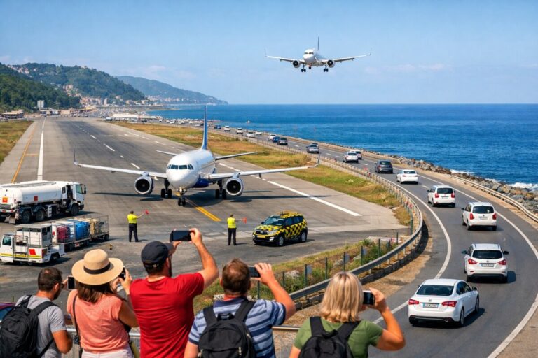 Jet on a coastal runway with spectators taking photos and cars driving along the seaside road nearby.