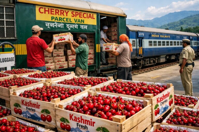 People load crates of bright red cherries from a green parcel van labeled 'Cherry Special' onto a platform beside a blue Indian Railways train, with mountains in the background.