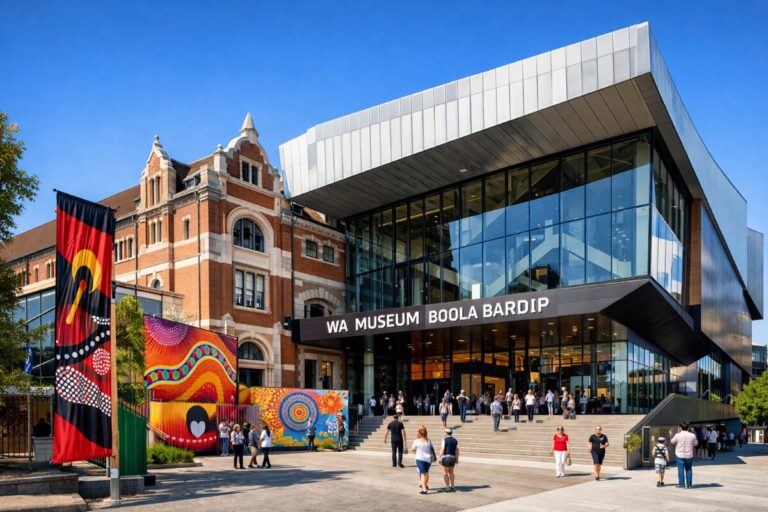 WA Museum Boola Bardip entrance: a modern glass-and-metal addition beside a red-brick historic wing with visitors walking up to the doors.