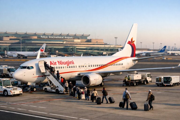 Air Niugini passenger jet at the gate with boarding stairs and travelers boarding at Tokyo International Airport.
