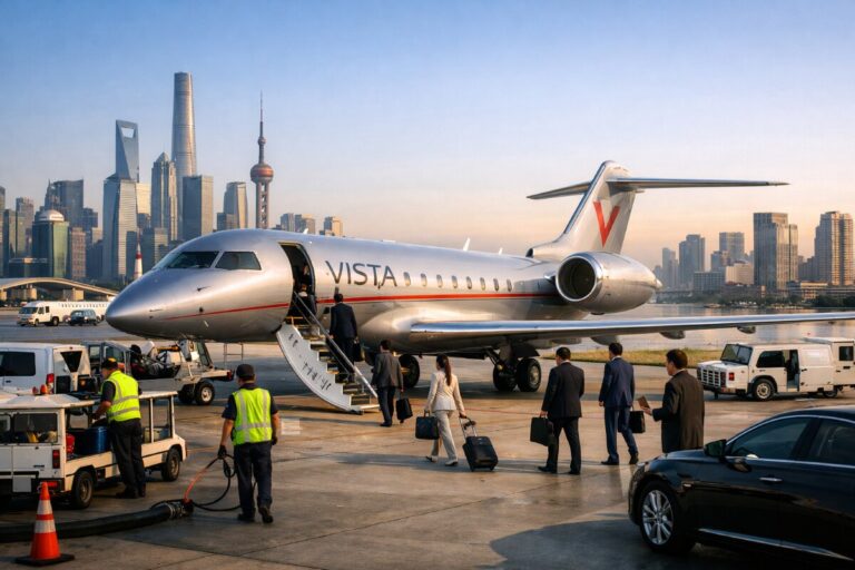 Silver VistaJet private jet at the gate, passengers boarding with a city skyline in the background.