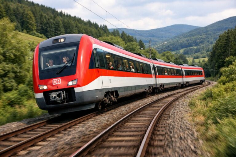 Red and white DB regional train bending through a green valley with forested hills in the background, passengers visible in the windows.