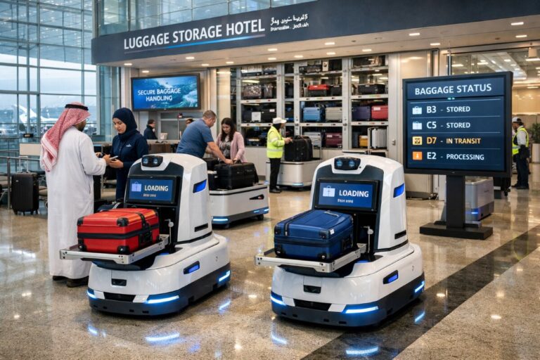 Automated luggage robots load red and blue suitcases in a busy hotel baggage area with staff and travelers nearby.