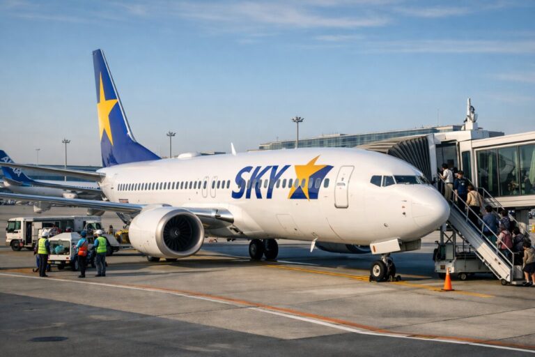 White commercial airplane with blue tail and yellow star parked at a gate, passengers boarding via jet bridge while ground crew prepare on the tarmac.