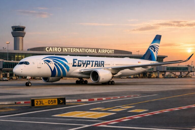 EgyptAir passenger plane on the tarmac at Cairo International Airport during sunset with a control tower in the background.