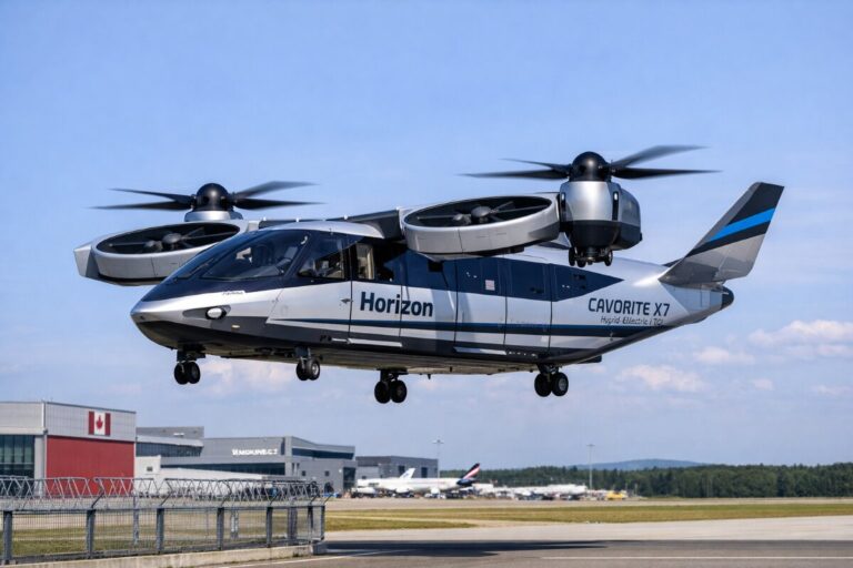 Horizon CAVORITE X7 hybrid electric tilt-rotor aircraft lifting off from the runway, propellers spinning.