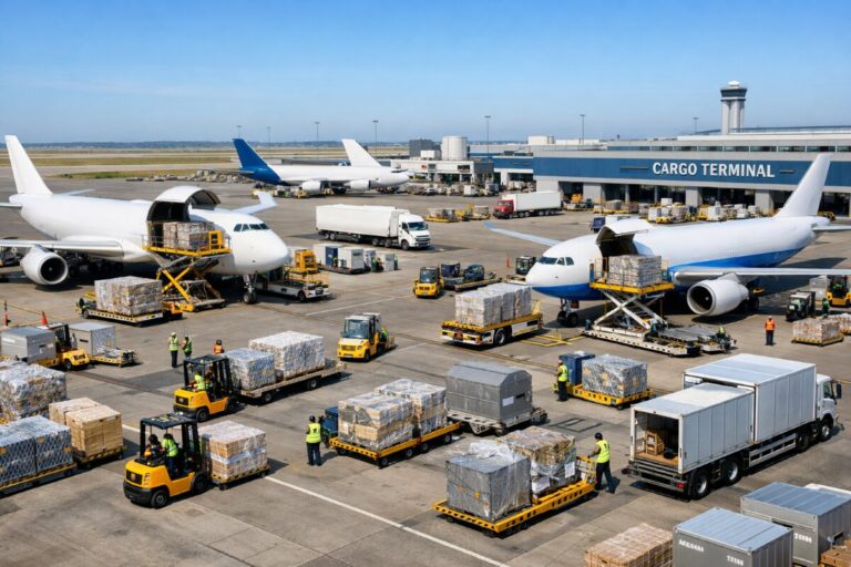 Busy airport cargo apron with two large white aircraft being loaded; pallets and containers on yellow carts around them.
