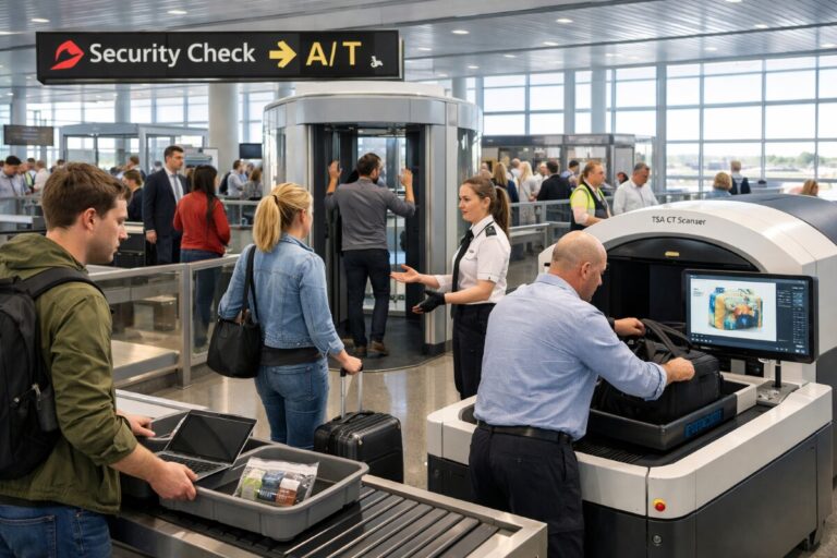 Airport security checkpoint with travelers moving through a metal detector and TSA officer guiding passengers, luggage screening in progress