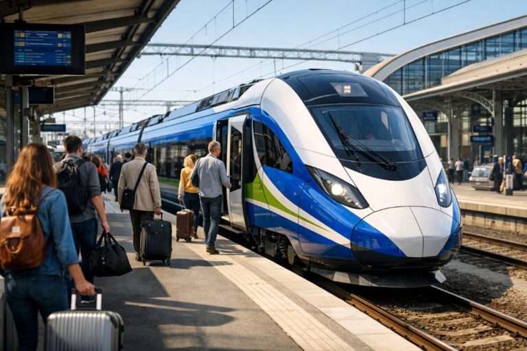 High-speed blue-and-white train at a station platform with passengers boarding and luggage nearby.