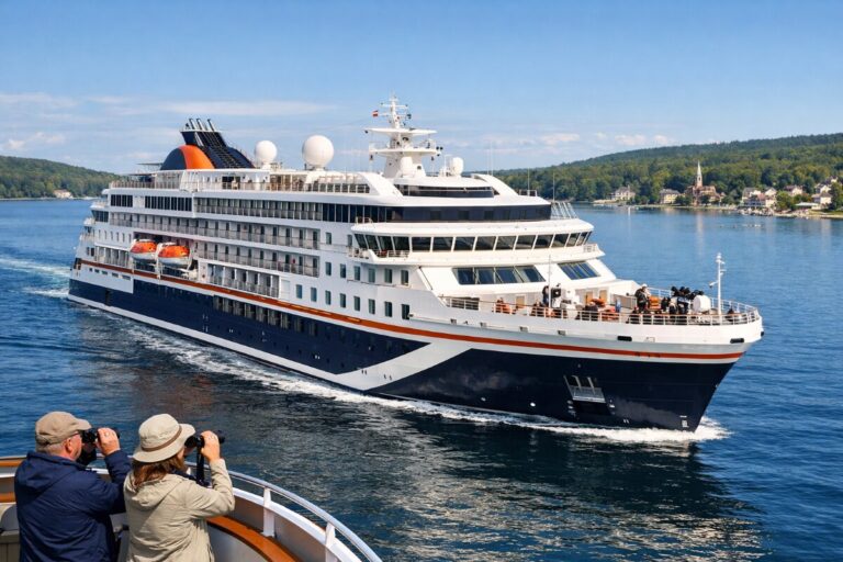 Large white cruise ship sailing on calm blue water, passengers on the deck taking photos below.