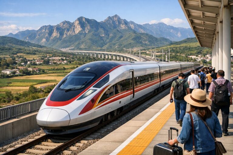 High-speed train at a mountain station with passengers boarding on the platform.
