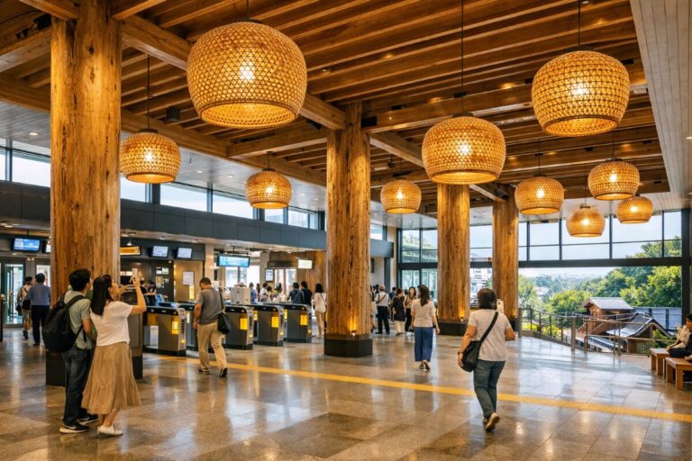 Busy transit hall with tall wooden columns, woven pendant lamps, and passengers at ticket gates awaiting security or boarding checks.
