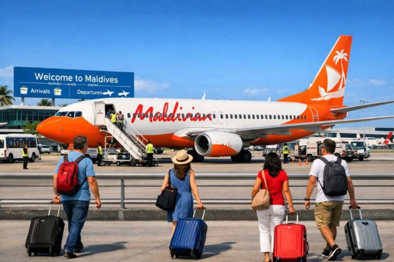 Group of travelers with rolling suitcases walking toward a Maldivian airplane at a sunny airport tarmac.