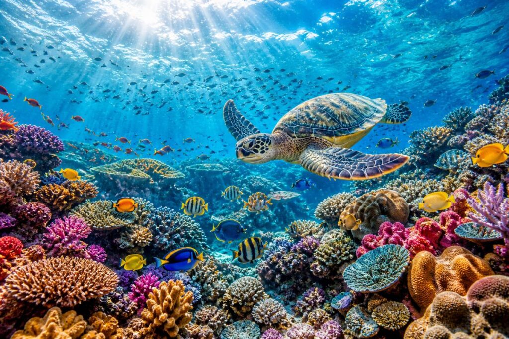 Sea turtle gliding above a vibrant coral reef filled with colorful fish in clear blue water.