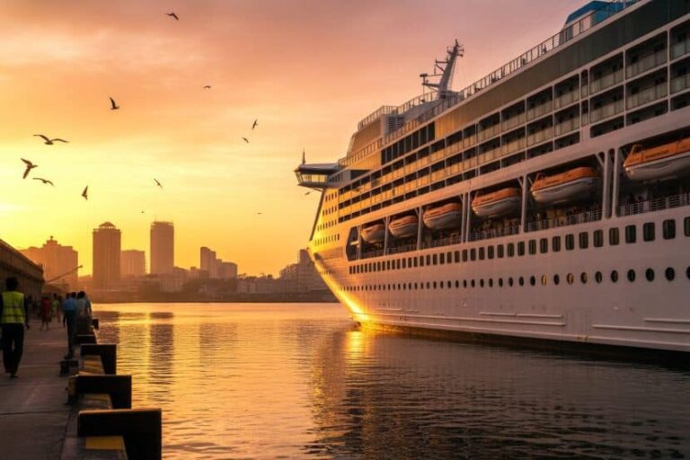 Large cruise ship docked at sunset harbor with seagulls and a distant city skyline in the background.