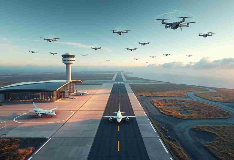 Drones fly over an airport runway toward the horizon while a terminal and control tower sit on the left and a small plane taxis on the tarmac beneath.