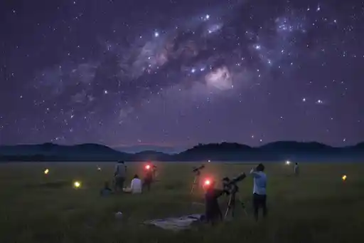 Group of people stargazing at night with telescopes on a grassy field under the Milky Way overhead.