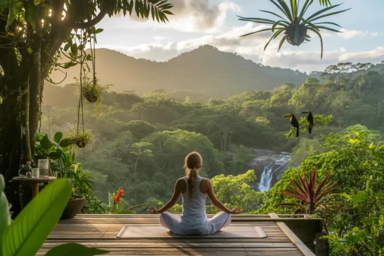 Person meditating in a cross‑legged pose on a wooden deck, overlooking a lush jungle and waterfall at sunrise.