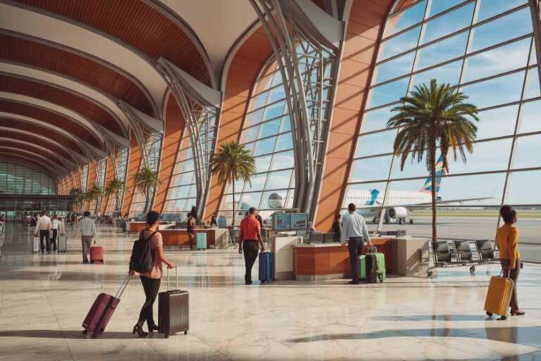 Spacious airport terminal with tall glass walls, palm trees, and travelers with rolling suitcases.