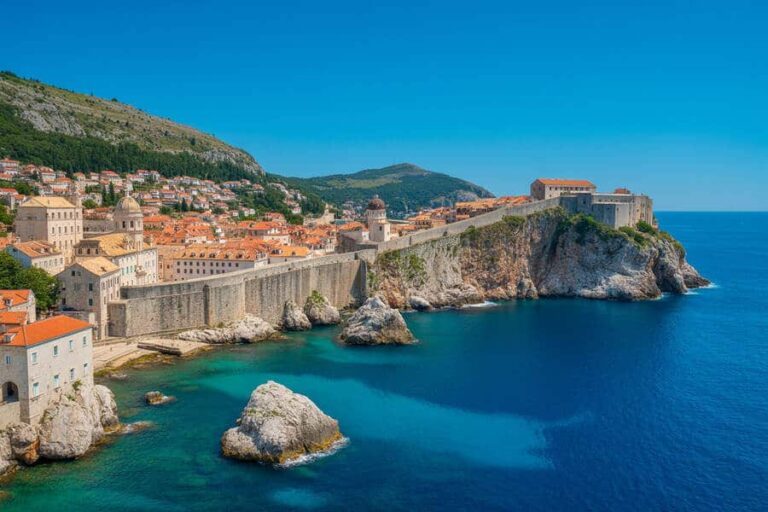 Historic walled town with red-roofed houses along a rocky cape, seen above the blue Adriatic Sea.