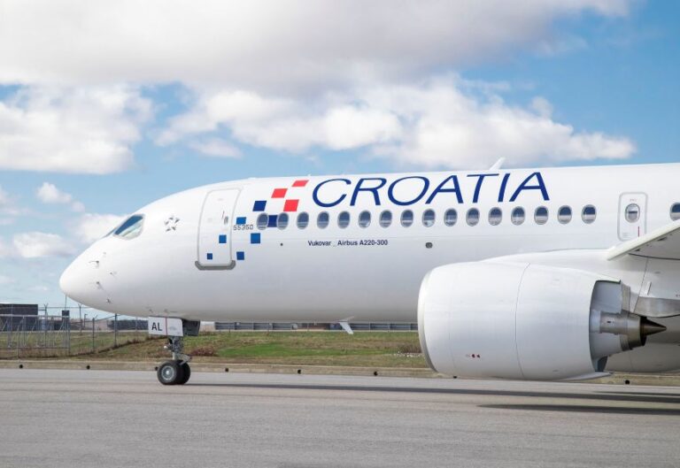 Croatia Airlines passenger jet on the airport tarmac, side view under a partly cloudy blue sky