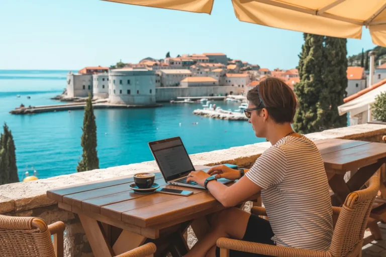 Person in striped shirt typing on a laptop at an outdoor wooden table, overlooking a turquoise harbor and historic coastal town.