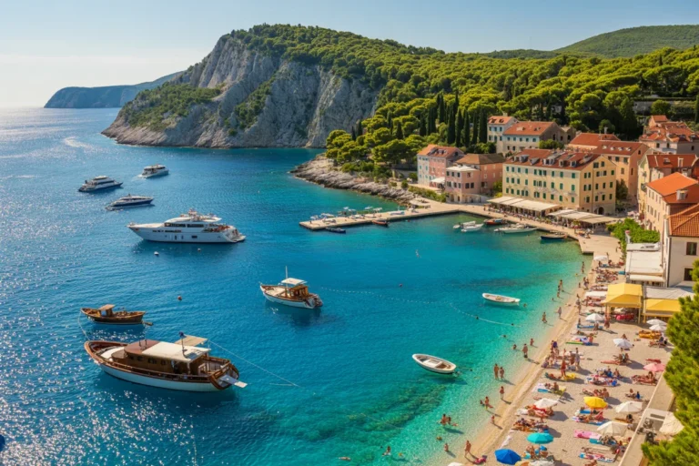 Coastal village with pastel houses along a turquoise bay, boats anchored near a pebbly beach.