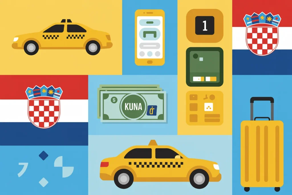 Collage with a yellow taxi, smartphone, payment terminal, Croatian flag, cash labeled KUNA, and a yellow suitcase—travel and taxi theme.