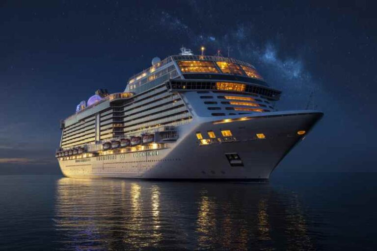 A large illuminated cruise ship at night on calm water, stars in the sky behind it and reflections on the sea.