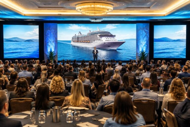 Speaker presenting on stage in front of a large screen showing a cruise ship at sea to a conference audience.