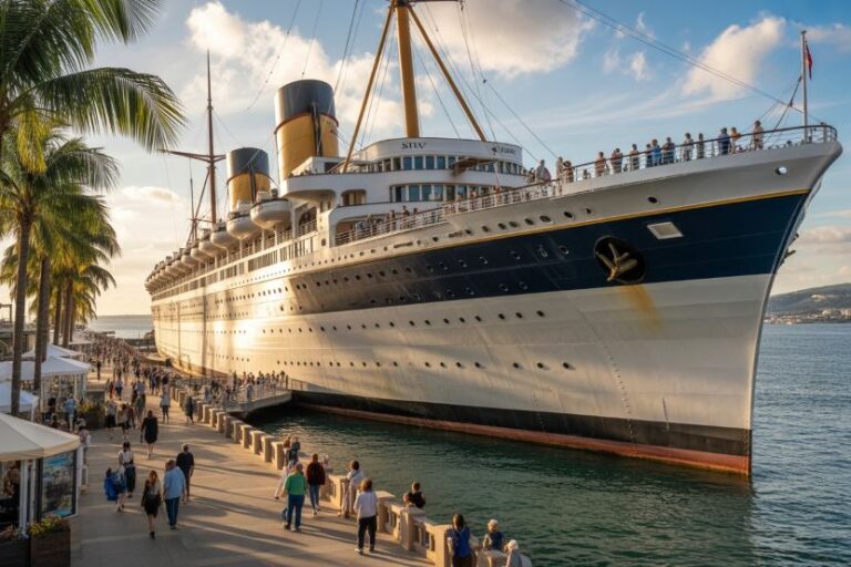 Grand ocean liner docked at a sunny harbor with people strolling along the promenade.