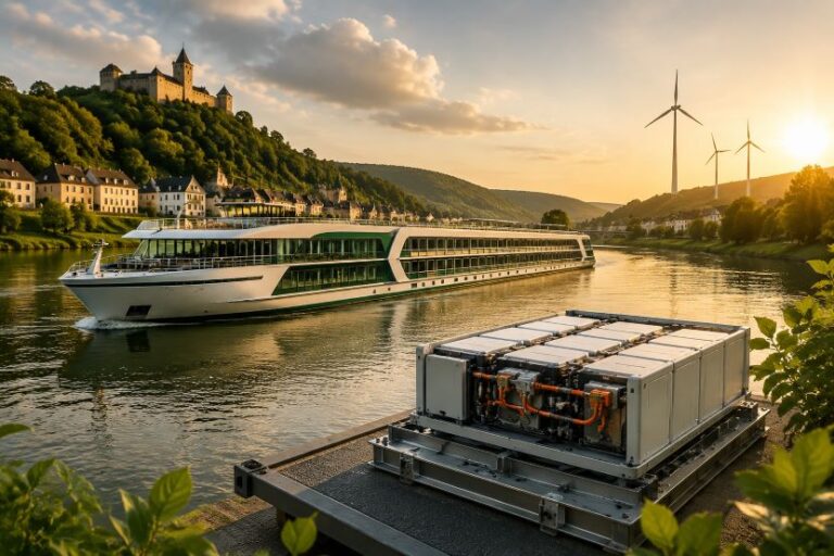 Sunset over a river as a modern white cruise ship sails past a hilltop castle and wind turbines in the background.