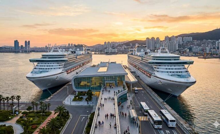 Two large cruise ships docked at a modern terminal with a glass central building and a pedestrian walkway at sunset.