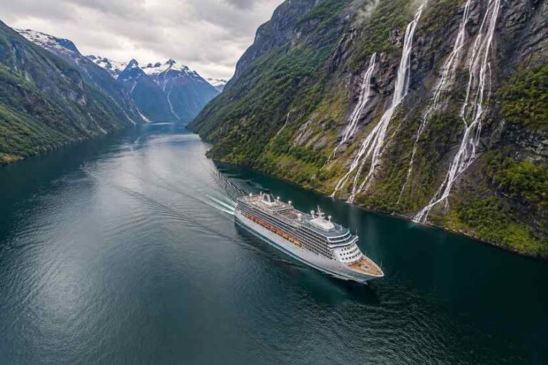 Cruise ship sailing through a fjord with steep green cliffs and multiple waterfalls cascading down the rock faces.