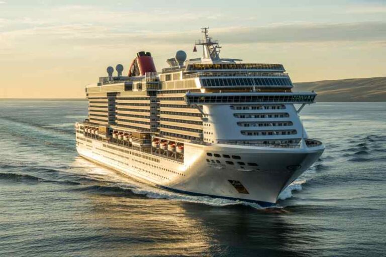 Large white cruise ship sailing on calm ocean at sunset, showing multiple decks and balconies beyond the hull edge.