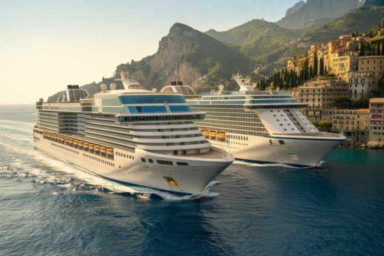 Two large white cruise ships sail past a coastal town with colorful buildings and rocky cliffs in the background.