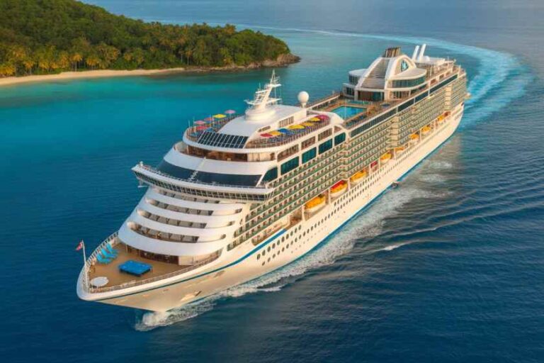 White luxury cruise ship sailing near a tropical island with clear blue water and sandy beaches on the shore.