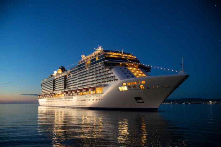 Nighttime cruise ship illuminated on calm water with reflections and a starry sky above.