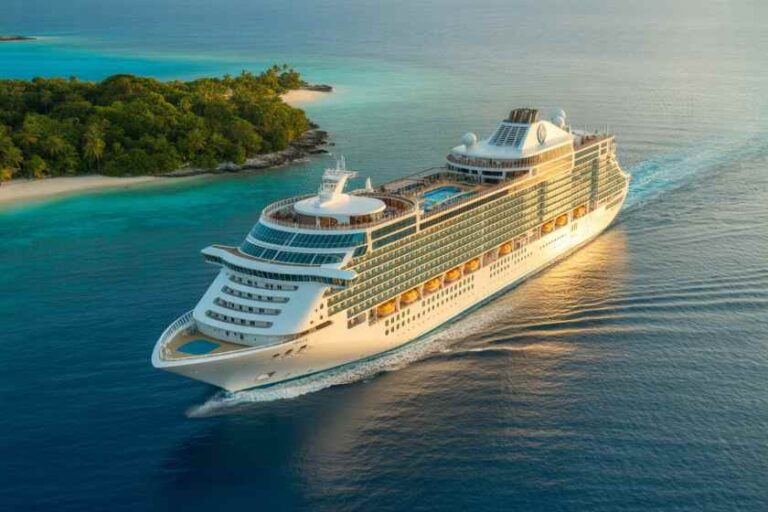 Luxurious white cruise ship sailing on calm blue water beside a tropical island with palm trees and turquoise bays.