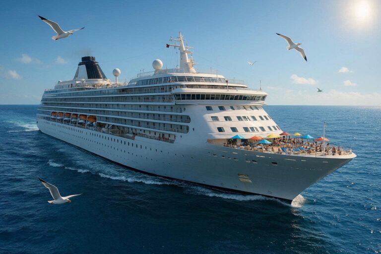 Large white cruise ship sailing on calm blue sea with passengers relaxing on the deck under colorful umbrellas and seagulls overhead on a sunny day.